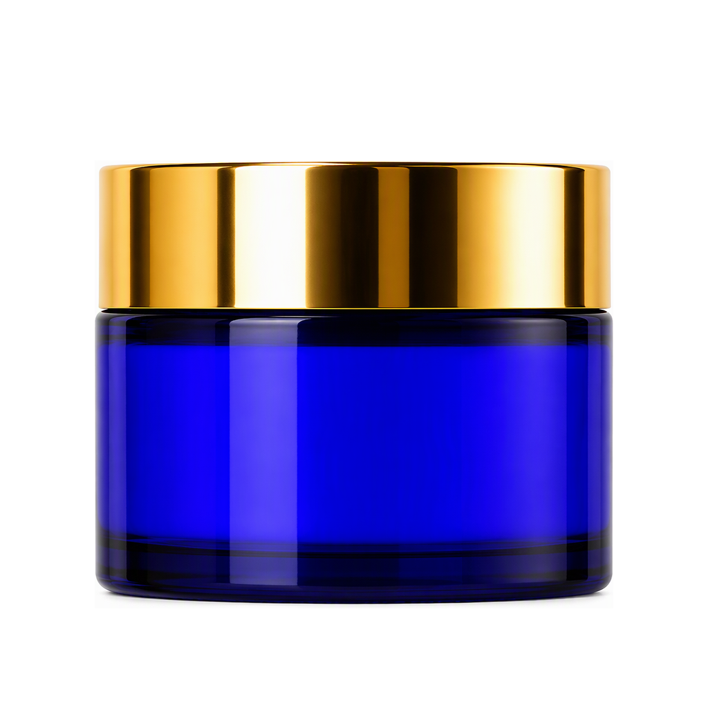 Cobalt blue jar with metallic gold cap