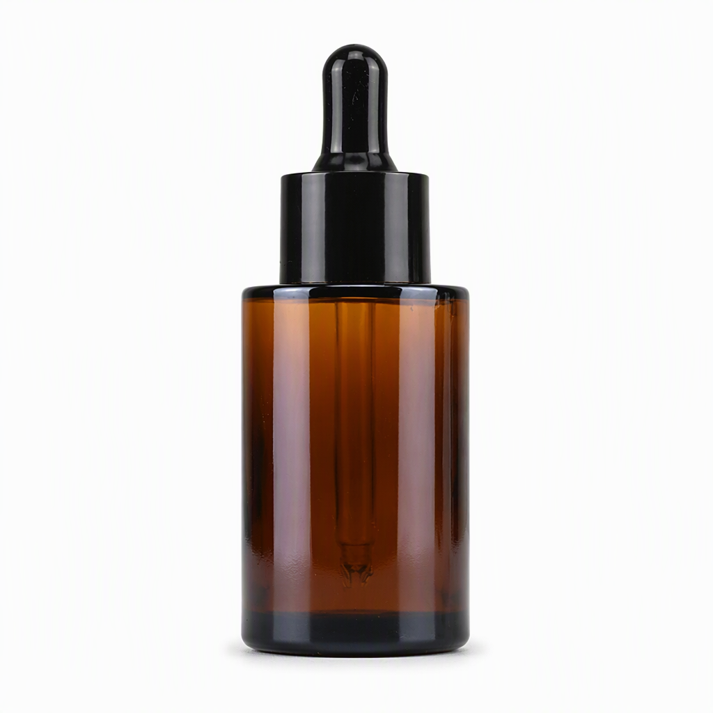 Amber glass dropper bottle with black collar
