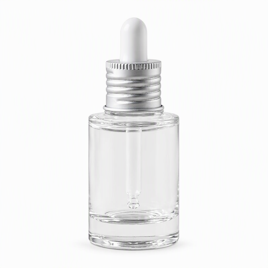 Clear glass dropper bottle with silver collar